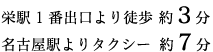 栄駅1番出口より徒歩 約3分/名古屋駅よりタクシー  約7分